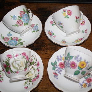 Royal Vale Bone China Tea Cup Saucer Sets - Mismatched Floral England (Set of 4)
