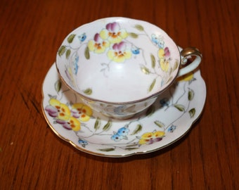 Vintage China Tea Cup Saucer Set Pink Floral Flowers Yellow Purple Pansy Blue Flower