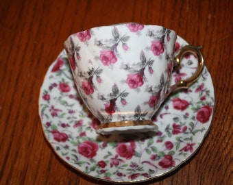 Vintage Napco China Tea Cup Saucer Set Pink Rose Floral Gold Trim Hand Painted IDD 321 FREE Shipping