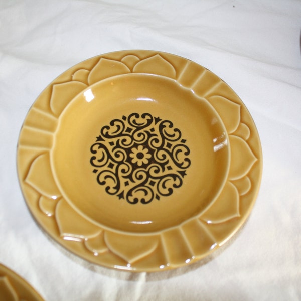 Vintage Golden Seville Small BOWL Plate Mustard Yellow Brown with Black Floral Design Stoneware