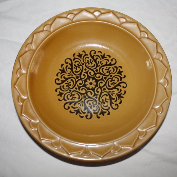 Vintage Golden Seville BOWL Plate Mustard Yellow Brown with Black Floral Design Stoneware