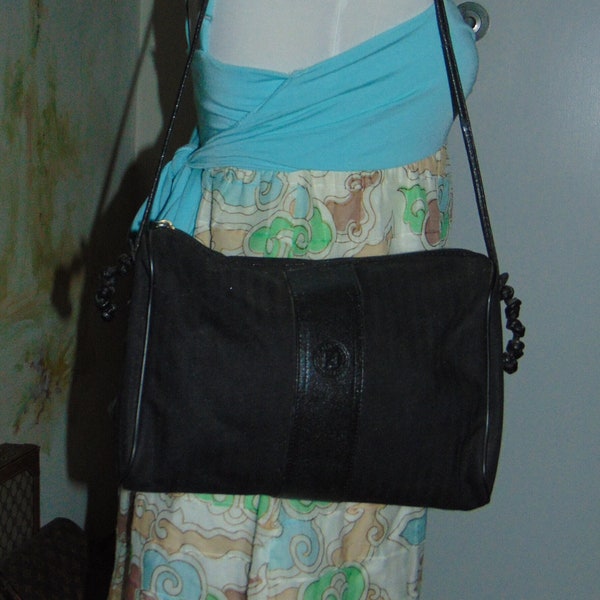 FENDI Vintage Black Pequin Stripe Shoulder Crossbody Bag Canvas Leather Purse Handbag