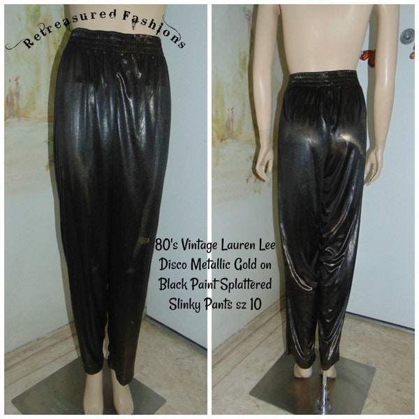 1980's True Vintage Lauren Lee Disco Paint Splashed Metallic Gold on Black Slinky Elastic Waistband Loose Pull On Pant Slacks Paper Tag USA