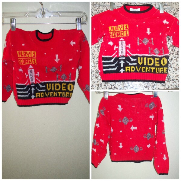 Awesome Space Invaders Video Game Style " The Clubhouse " Toddlers Knit Red with Black Video Adventure Vintage Unisex Sweater size 2