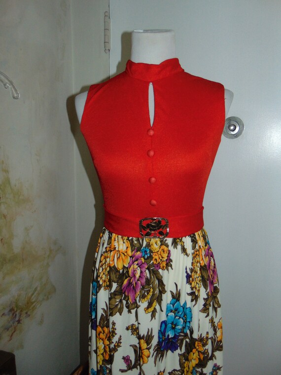 Vintage 70s Maxi Dress Red Multicolor Floral Mod … - image 3