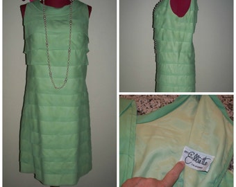 Vintage 50s 60s Mid Century " Miss Elliette " Soft Cupcake Tiered Green Wiggle Dress Metal Zipper Pin Up Dress sz M/L Vintage Dress