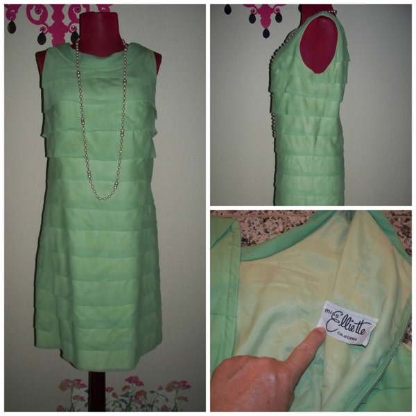 Vintage 50s 60s Mid Century " Miss Elliette " Soft Cupcake Tiered Green Wiggle Dress Metal Zipper Pin Up Dress sz M/L Vintage Dress