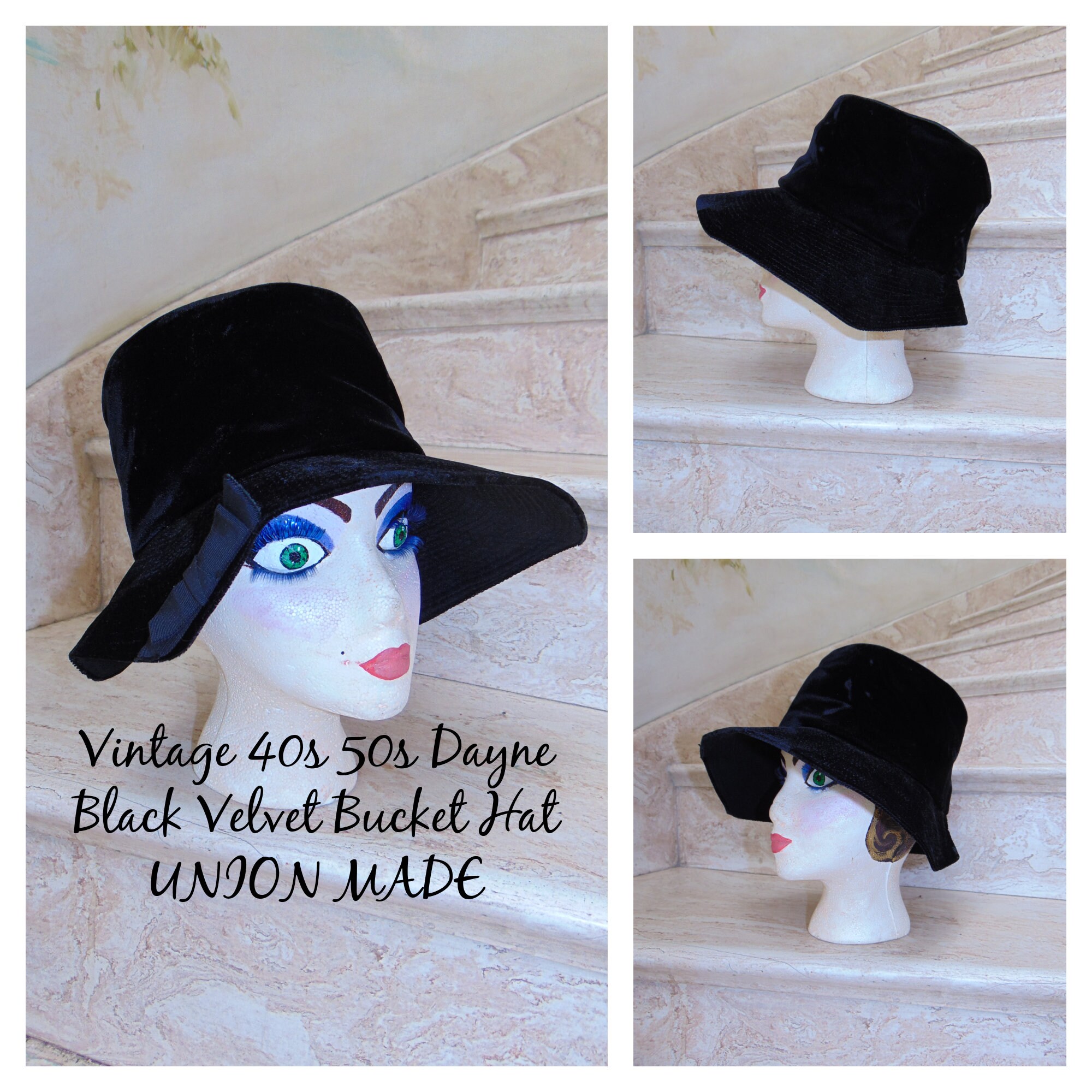 Vintage 50\'s Union Made Velour Hat Feather Band Netting Black Cocktail Tilt 21\