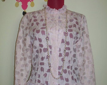 Vintage " Adriana " Made in Italy Light Pink Sheer Spotted and Ruffled Sweet and Romantic Blouse M/L