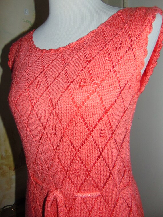 Vintage 60s 70s Salmon Knit Woven Salmon Pink Mid… - image 6