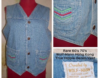 Rare True 60's 70's Vintage Wolf-Mann Hong Kong Unisex Hippie Denim Jean Sleeveless Pocket Vest sz 40 / Men's S / Women's M / Blue Vest