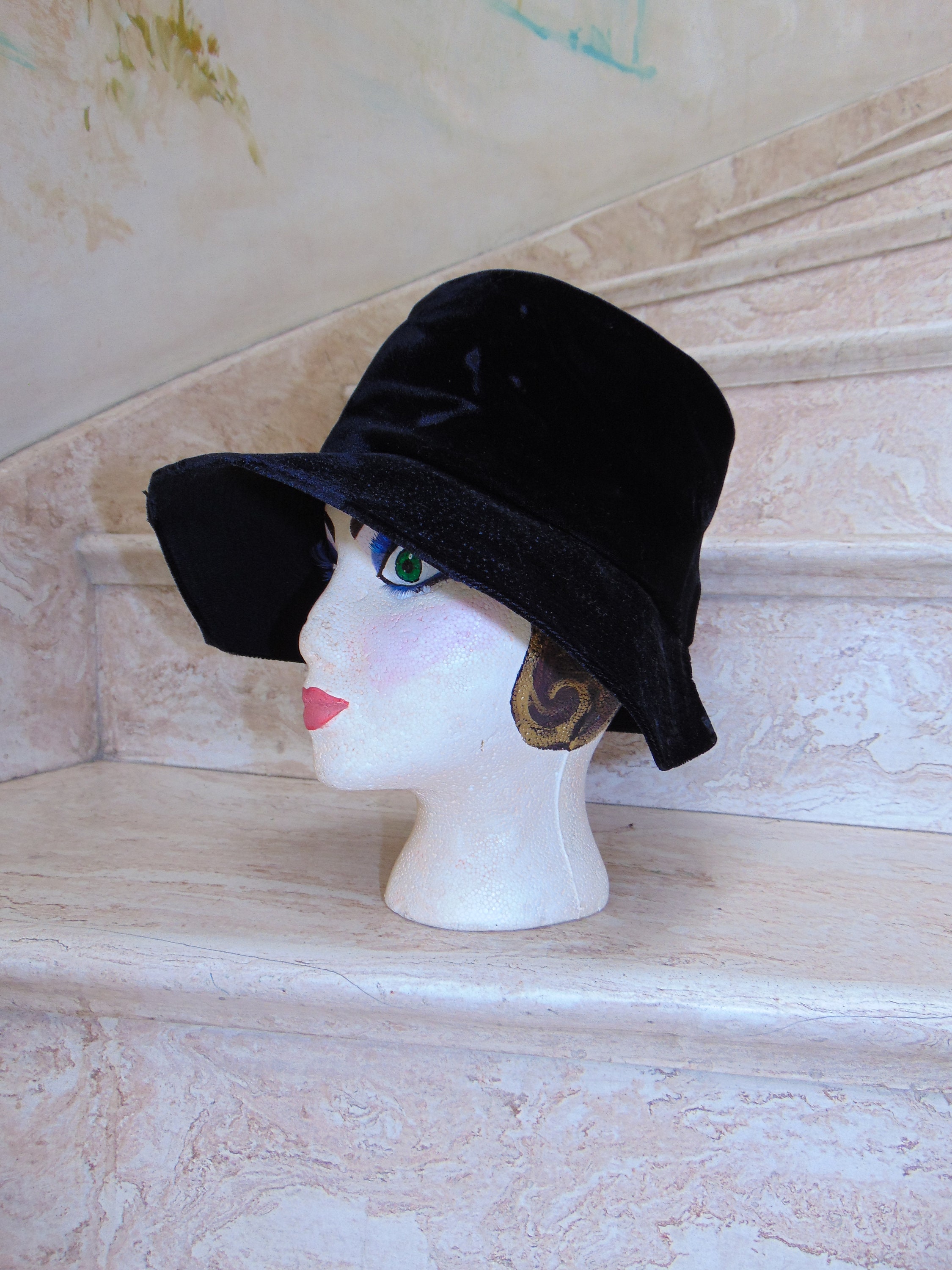 Vintage 1950s Union Made Black Velvet Bucket Hat 1950s-Black-Velvet-Bucket-Hat-  main image 2