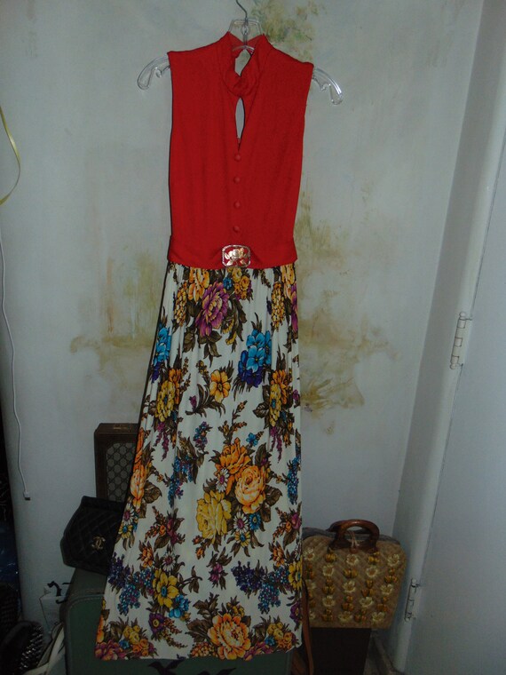 Vintage 70s Maxi Dress Red Multicolor Floral Mod … - image 2