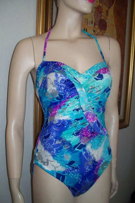 Vintage 80's Watercolored Floral USA " Slimsuit "… - image 2