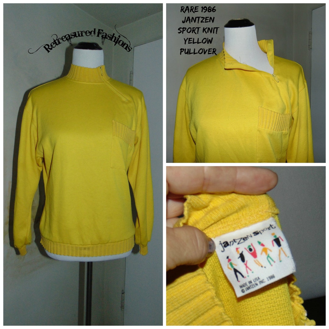 Rare 1986 Jantzen Sport Yellow Knit With Zip up Collar Sweater / Crew