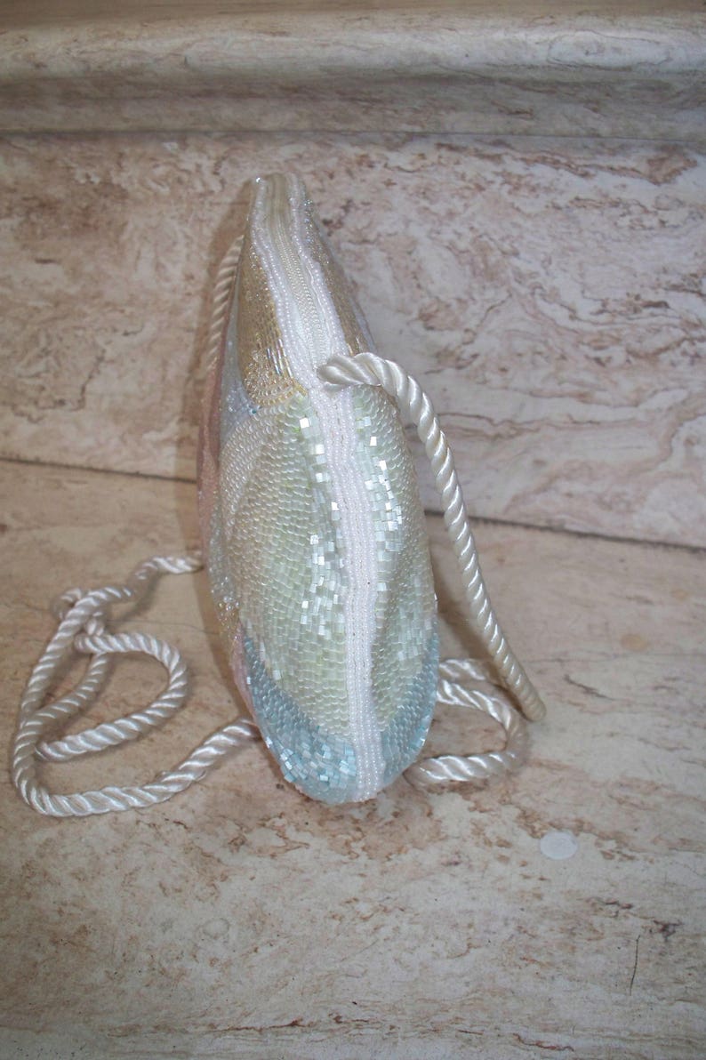 Vintage Micro Glass Pastel Beaded Special Occasion Rope Strap Shoulder Purse Evening Bag Clutch Bag Beaded Handbag Pink Blue White