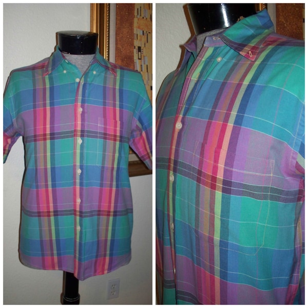 Vintage Preppy Men's " Pendleton " Multicolor Cotton Plaid Button Down Casual / Dress Shirt Beautiful Condition, Vtg Men's Tops sz Small S