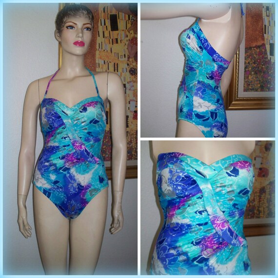 Vintage 80's Watercolored Floral USA " Slimsuit "… - image 1