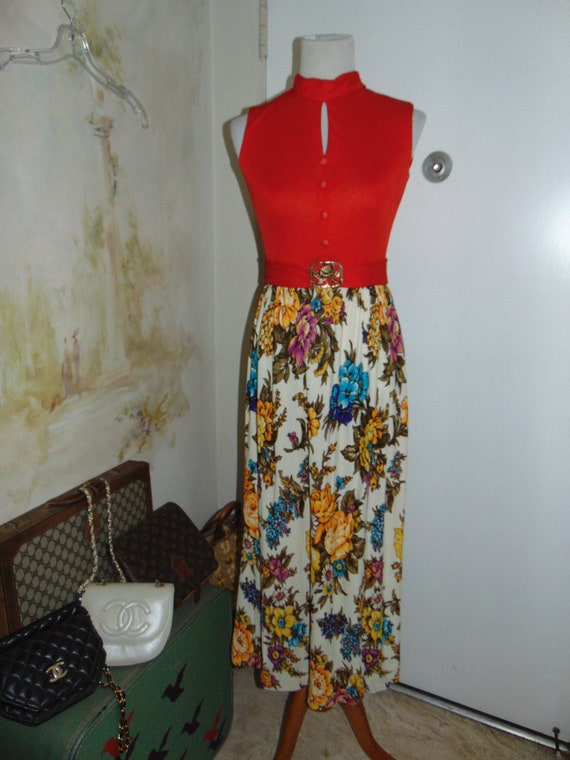 Vintage 70s Maxi Dress Red Multicolor Floral Mod … - image 1