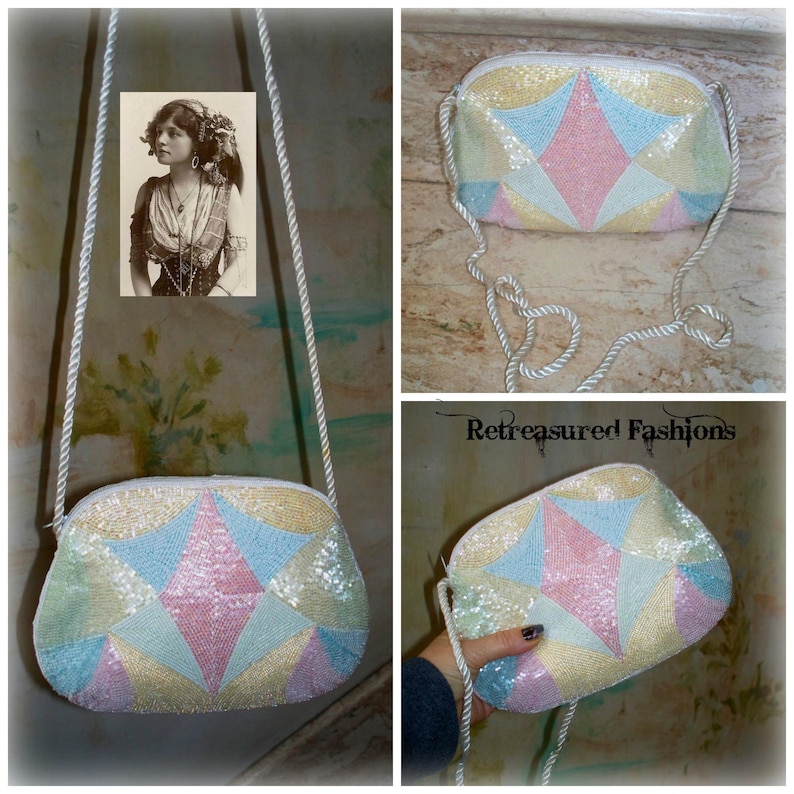 Vintage Micro Glass Pastel Beaded Special Occasion Rope Strap Shoulder Purse Evening Bag Clutch Bag Beaded Handbag Pink Blue White