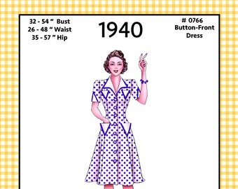 0766 Vintage naaipatroon 1940 jurk met knopen aan de voorkant - volledige print