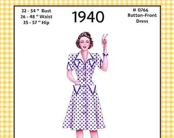 Patrón de costura vintage n.° 0766 - Vestido de día con botones delanteros (circa 1940) DESCARGA DIGITAL PDF