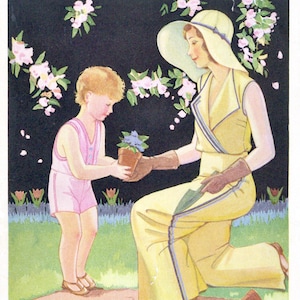 Op de afbeelding: Een vrouw in een gele jurk en een witte hoed knielt in een tuin. Ze houdt een kleine potplant vast en een kind in een roze outfit geeft haar de plant. De tekst op de afbeelding luidt "Wright's Bias Fold Tape Sewing Book No. 26 Price Ten Cents".