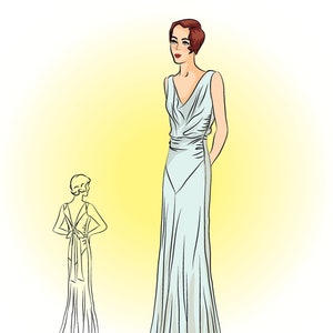 Vintage Sewing Pattern # KL3017 - 1930 Evening Gown With Draped Neckline,  Full Size Print Copy