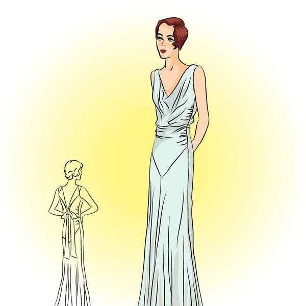 Vintage Sewing Pattern ** # 3386 -  1930 Evening Gown With Draped Neckline, PDF Download, Art Deco