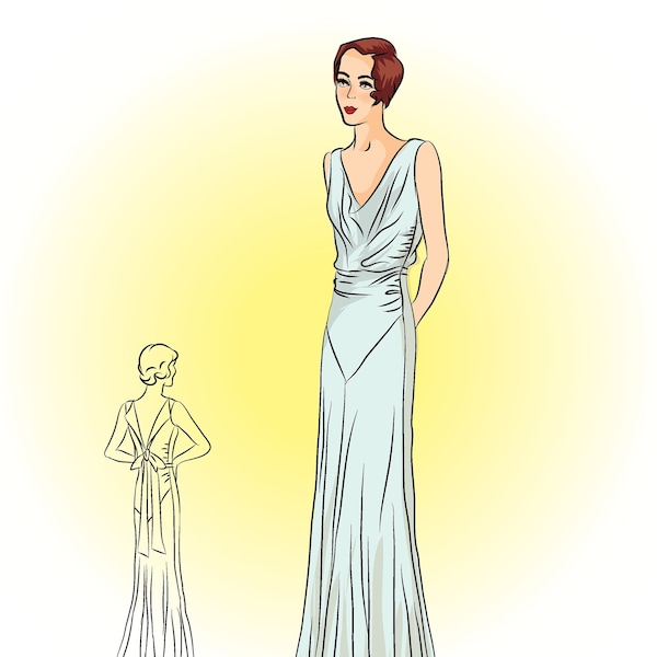 Vintage Sewing Pattern # KL3017 -  1930 Evening Gown With Draped Neckline, PDF Download, Art Deco