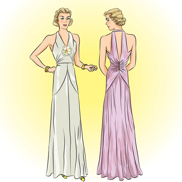 Vintage Sewing Pattern # 9405 -  1930 Evening Gown With Deep Back, PDF Download, Art Deco