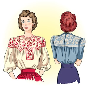 May include: Two women wearing vintage style blouses with floral embroidery. The blouse on the left is cream with red embroidery, and the blouse on the right is blue with white embroidery.