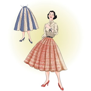 May include: A woman wearing a white blouse and a red and white striped skirt. The skirt is full and has a lot of pleats. The woman is standing with her hands on her hips and is looking at the camera.