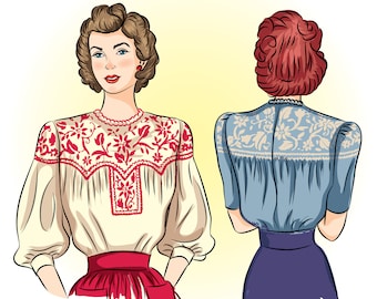 Vintage Sewing Pattern 1942  Blouse with Embroidery Pattern,  Full Size Print Copy