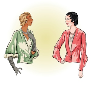 May include: Two women in vintage clothing stand facing each other. The woman on the left is wearing a green jacket with a white fur collar and black gloves. The woman on the right is wearing a pink jacket with a white blouse and black hair.