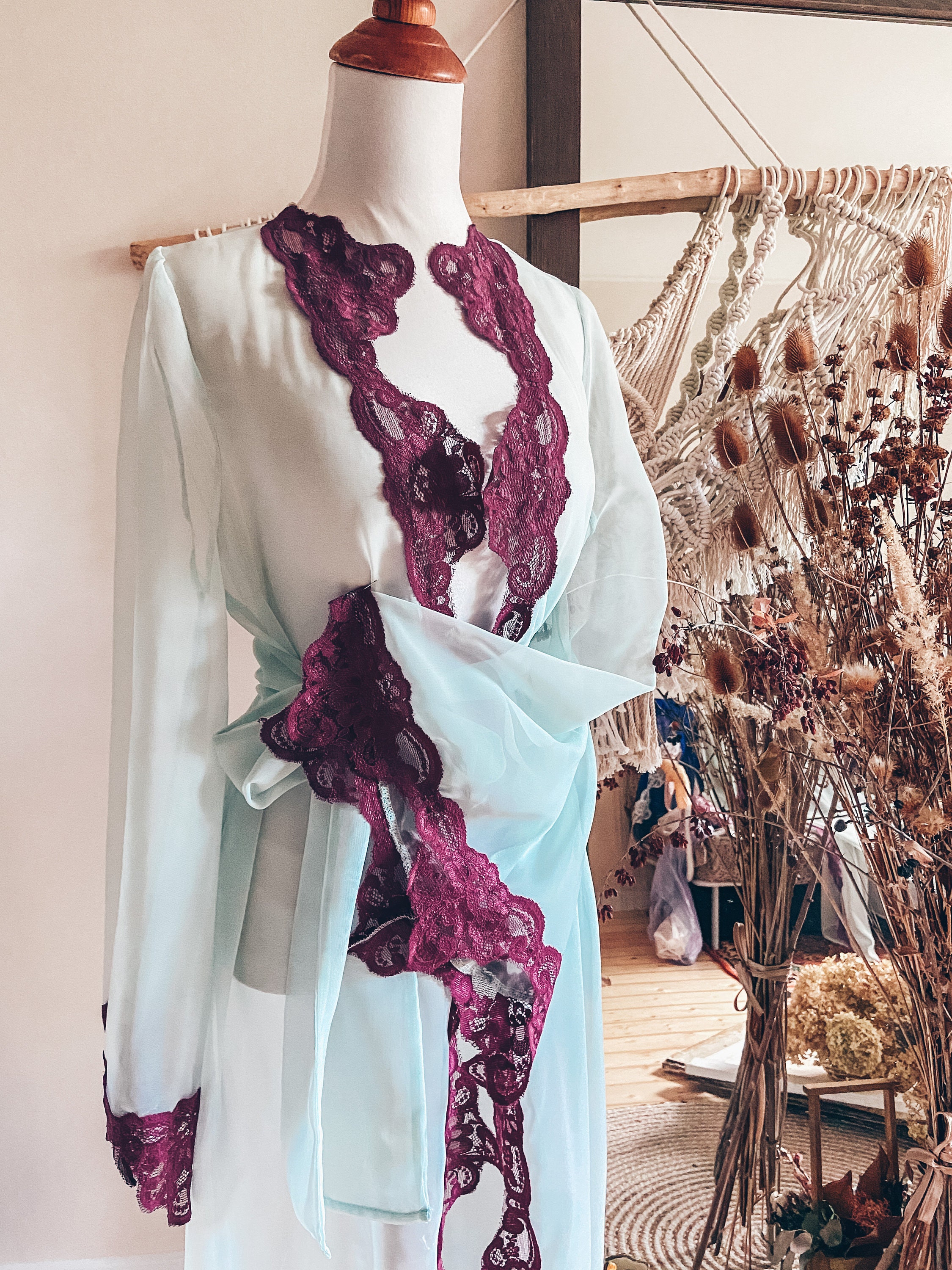 BLUE LONG CHIFFON robe vintage / full length robe lace Sexy | Etsy