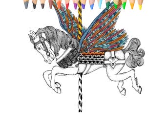 Horse, carousel, coloring book,coloring page.