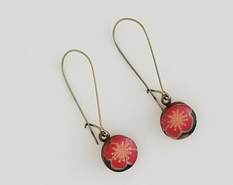 Japanese Paper Earrings, Chiyogami Earrings, Yuzen Earrings, Washi Earrings, Red Plum Blossom Earrings