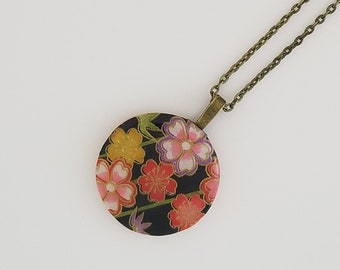 Japanese Paper Necklace, Chiyogami Necklace, Washi Necklace, Yuzen Necklace, Cherry Blossom Necklace