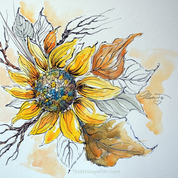 Sunflower. Watercolor, Wild Sunflower, Print, Nature Art, Rustic Sunflower, Gold Enhanced, Botanical illustration, Signed Print,  Wall Art