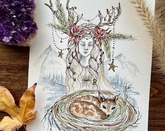 Watercolor Fawn, Baby Deer, Cosy, Nest, Winter Queen, Christmas Art, Limited Edition Print, Winter scene, New Release for Limited Time