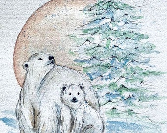 Polar Bear, Christmas Tree, Star, Watercolor, Limited Edition Print, Hand Embellished, Mama Bear, Yule, Christmas Art