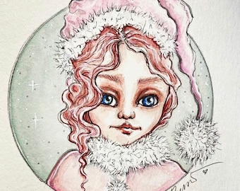 Pink Christmas, Mabmas, Limited Edition Print, Hand Embellished, Fantasy Art, Yule, Christmas Art,