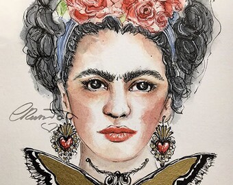 Frida Kahlo, Watercolor Painting, Tribute Fan Art, Limited Edition print, Fine Art, Illustration, Ethereal, Whimsical, Moth, Gold Enhanced