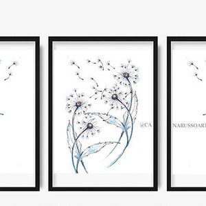 Dandelions Set of 3 Prints, Watercolor, Botanical Art, Blue Dandelions, Wishes lion, Blue, Cohesive Dandelions Prints, Dandelion Wall Art