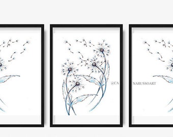 Dandelions Set of 3 Prints, Watercolor, Botanical Art, Blue Dandelions, Wishes lion, Blue, Cohesive Dandelions Prints, Dandelion Wall Art