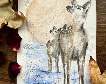 Watercolor Deer, Solstice, Snowy Landscape, Christmas Art, Limited Edition Print, Winter scene, New Release for Limited Time