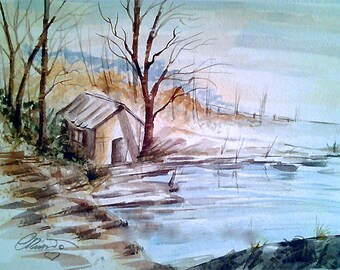 Watercolor Lake Scene, Landscape, Cozy Cabin, Chimney, Winter, Christmas Art, Limited Edition Print, Signed Print,