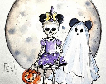 Minni and Mickey Mouse, Halloween, Ink Drawing, Open Edition Signed Prints, Hand Enhanced, Mabsdrawlloweenclub2020, Carolina Russo Art