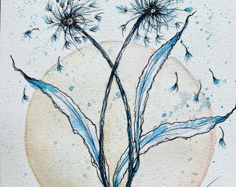 Blue Dandelions, Limited Edition Print Signed, Watercolor Painting, Standing Strong Dandelions, Dandelion